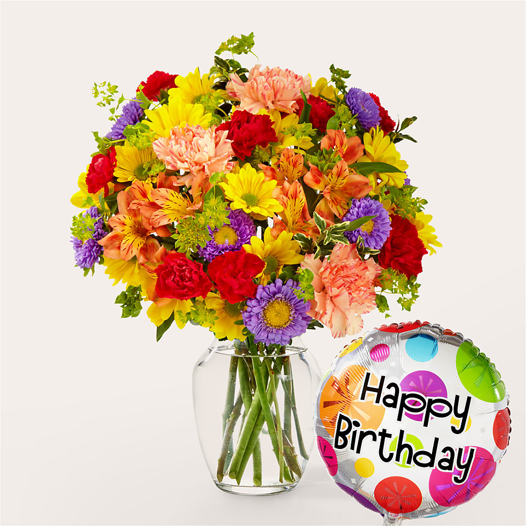 Kaleidoscope Bouquet with Birthday Balloon – Flowers On Fourteenth, Washington DC
