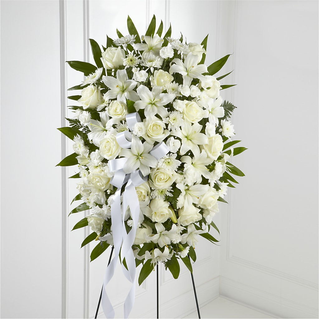 Exquisite Tribute Standing Spray-White Ribbon – Flowers On Fourteenth, Washington DC