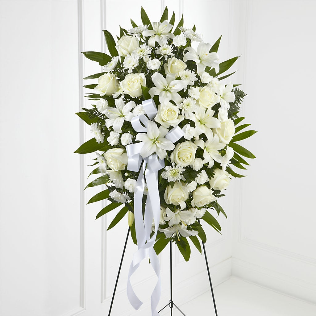 Exquisite Tribute Standing Spray-White Ribbon – Flowers On Fourteenth, Washington DC